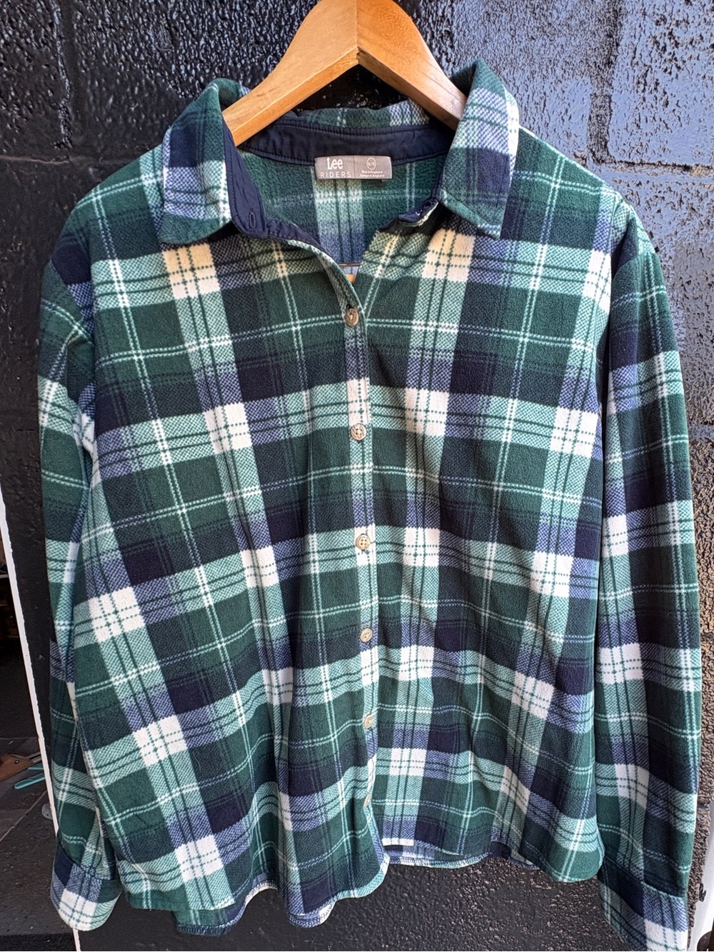 Riders by Lee Green, Navy & White Fleecw Plaid Button-Down Shirt